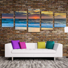 Load image into Gallery viewer, ocean waves canvas wall art yellow cloudy sky beach sea 5 piece canvas print central coast blue ocean multi canvas artwork In Living Room
