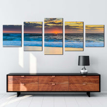 Load image into Gallery viewer, ocean waves canvas wall art yellow cloudy sky beach sea 5 piece canvas print central coast blue ocean multi canvas artwork 
