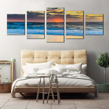 Load image into Gallery viewer, ocean waves canvas wall art yellow cloudy sky beach sea 5 piece canvas print central coast blue ocean multi canvas artwork For Bedroom
