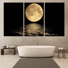 Load image into Gallery viewer, ocean waves canvas wall art yellow full moon reflection 3 piece canvas print black black night sky seascape triptych multi canvas In Bathroom
