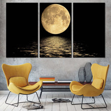 Load image into Gallery viewer, ocean waves canvas wall art yellow full moon reflection 3 piece canvas print black black night sky seascape triptych multi canvas For Your Living Room
