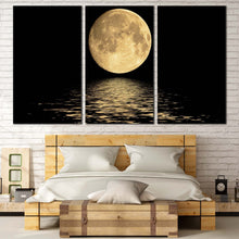 Load image into Gallery viewer, ocean waves canvas wall art yellow full moon reflection 3 piece canvas print black black night sky seascape triptych multi canvas For Bedroom
