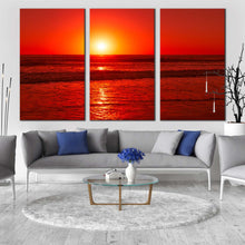 Load image into Gallery viewer, ocean waves canvas wall art yellow sunset pacific ocean 3 piece canvas set red ocean canvas print In Living Room
