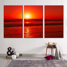 Load image into Gallery viewer, ocean waves canvas wall art yellow sunset pacific ocean 3 piece canvas set red ocean canvas print
