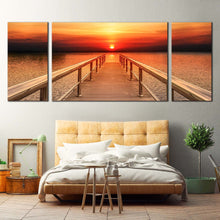 Load image into Gallery viewer, orange yellow sky twilight wooden pier close up triptych wall art home decor For Bedroom
