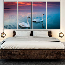 Load image into Gallery viewer, pair of swans in evening view 4 piece wall artwork For Bedroom
