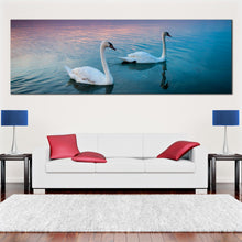 Load image into Gallery viewer, pair of swans in evening view large wall artwork In Living Room
