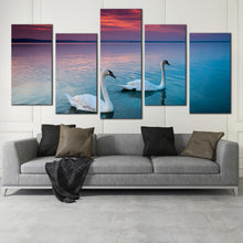 Load image into Gallery viewer, pair of white swans swimming in Lake Balaton at sunset wall art decor 5 piece art In Living Room
