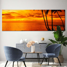 Load image into Gallery viewer, palm  trees  canvas  wall  art  dramatic  cloudy  orange  ocean  1  piece  canvas  artwork  yellow  cloudy  sky  ocean  canvas  print In Living Room
