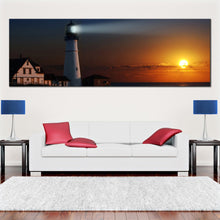 Load image into Gallery viewer, panoramic  canvas  of  Portland  Cliff  Lighthouse  at  Sunset In Living Room
