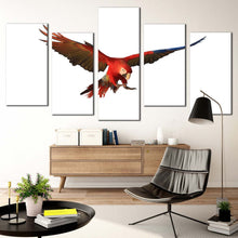 Load image into Gallery viewer, parrot bird canvas wall art white background macaw parrot 5 piece canvas print red bird flying multiple canvas In Living Room
