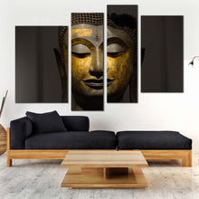 Load image into Gallery viewer, peaceful buddha canvas wall art buddha meditation 4 piece multi canvas artwork yellow grey buddha close up canvas print for living room
