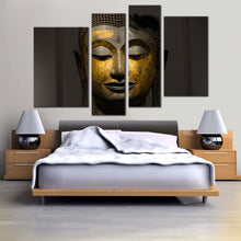 Load image into Gallery viewer, peaceful buddha canvas wall art buddha meditation 4 piece multi canvas artwork yellow grey buddha close up canvas print in bedroom
