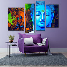 Load image into Gallery viewer, peaceful buddha canvas wall art buddha meditation 4 piece multi canvas blue buddha close up canvas print for living room
