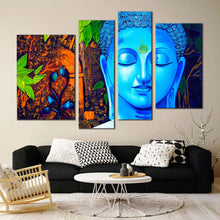 Load image into Gallery viewer, peaceful buddha canvas wall art buddha meditation 4 piece multi canvas blue buddha close up canvas print in living room
