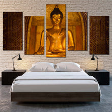 Load image into Gallery viewer, peaceful buddha canvas wall art gold buddha statue multi canvas artwork brown wat phra singh temple canvas set phra buddha sihing 5 piece canvas print For Bedroom
