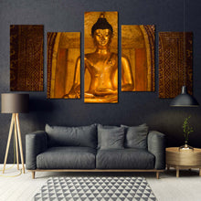 Load image into Gallery viewer, peaceful buddha canvas wall art gold buddha statue multi canvas artwork brown wat phra singh temple canvas set phra buddha sihing 5 piece canvas print In Living Room
