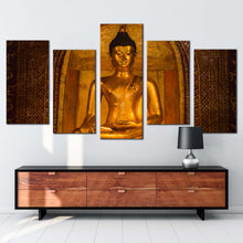 Load image into Gallery viewer, peaceful buddha canvas wall art gold buddha statue multi canvas artwork brown wat phra singh temple canvas set phra buddha sihing 5 piece canvas print For Living Room
