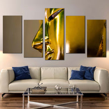 Load image into Gallery viewer, peaceful buddha canvas wall art gold buddha statue multi canvas artwork yellow meditation buddha close up 5 piece canvas print In Living room
