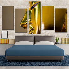 Load image into Gallery viewer, peaceful buddha canvas wall art gold buddha statue multi canvas artwork yellow meditation buddha close up 5 piece canvas print For Your Bedroom
