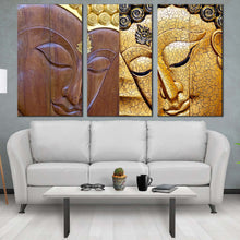 Load image into Gallery viewer, peaceful buddha canvas wall art lord buddha 3 piece canvas set yellow brown buddha faces canvas print In Living Room
