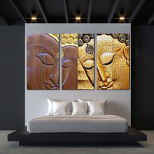 Load image into Gallery viewer, peaceful buddha canvas wall art lord buddha 3 piece canvas set yellow brown buddha faces canvas print For Bedroom
