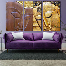 Load image into Gallery viewer, peaceful buddha canvas wall art lord buddha 3 piece canvas set yellow brown buddha faces canvas print For Living Room
