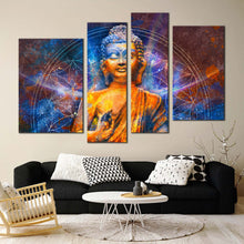 Load image into Gallery viewer, peaceful buddha canvas wall art orange buddha meditation 4 piece canvas print blue lights lord buddha multiple canvas for living room
