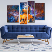 Load image into Gallery viewer, peaceful buddha canvas wall art orange buddha meditation 4 piece canvas print blue lights lord buddha multiple canvas for your living room
