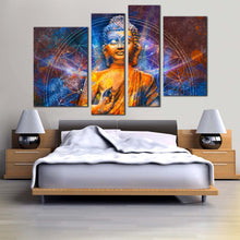 Load image into Gallery viewer, peaceful buddha canvas wall art orange buddha meditation 4 piece canvas print blue lights lord buddha multiple canvas in bedroom
