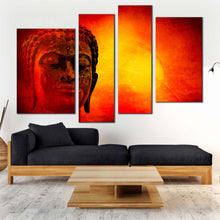 Load image into Gallery viewer, peaceful buddha canvas wall art red yellow sky buddha canvas print buddha face 4 piece multiple canvas for your living room 
