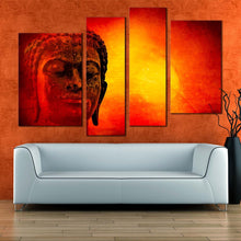 Load image into Gallery viewer, peaceful buddha canvas wall art red yellow sky buddha canvas print buddha face 4 piece multiple canvas in living room
