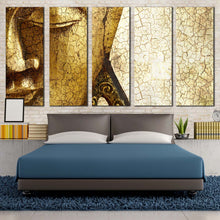 Load image into Gallery viewer, peaceful buddha canvas wall art yellow meditation buddha close up 5 piece canvas print gold buddha statue multi canvas artwork For Bedroom
