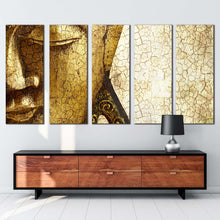 Load image into Gallery viewer, peaceful buddha canvas wall art yellow meditation buddha close up 5 piece canvas print gold buddha statue multi canvas artwork
