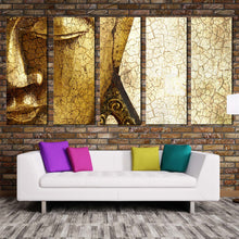 Load image into Gallery viewer, peaceful buddha canvas wall art yellow meditation buddha close up 5 piece canvas print gold buddha statue multi canvas artwork For Living room
