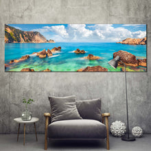 Load image into Gallery viewer, petani  beach  canvas  wall  art  blue  cephalonia  island  1  piece  canvas  print  mediterranen  sea  brown  ocean  rocks  wide  canvas For Living Room
