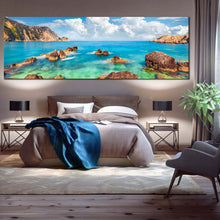 Load image into Gallery viewer, petani  beach  canvas  wall  art  blue  cephalonia  island  1  piece  canvas  print  mediterranen  sea  brown  ocean  rocks  wide  canvas In Bedroom
