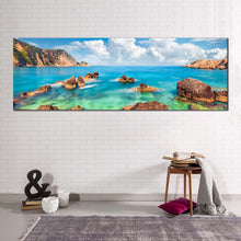 Load image into Gallery viewer, petani  beach  canvas  wall  art  blue  cephalonia  island  1  piece  canvas  print  mediterranen  sea  brown  ocean  rocks  wide  canvas In Living Room
