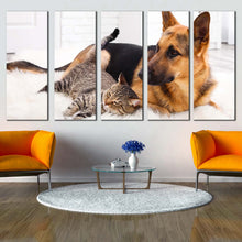 Load image into Gallery viewer, pets portrait canvas print brown black dog and cat 5 piece canvas wall art cat and dog chilling multiple canvas In Living Room
