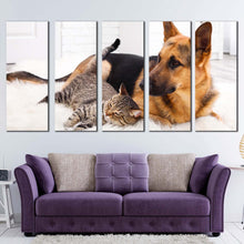 Load image into Gallery viewer, pets portrait canvas print brown black dog and cat 5 piece canvas wall art cat and dog chilling multiple canvas For Living room
