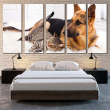 Load image into Gallery viewer, pets portrait canvas print brown black dog and cat 5 piece canvas wall art cat and dog chilling multiple canvas For Bedroom
