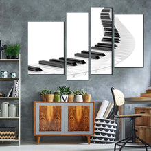 Load image into Gallery viewer, piano abstract canvas print black white piano keyboard illustration 4 piece canvas wall art music spiral multi canvas artwork for your living room 
