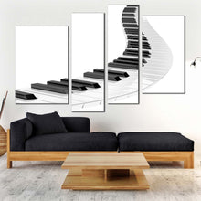 Load image into Gallery viewer, piano abstract canvas print black white piano keyboard illustration 4 piece canvas wall art music spiral multi canvas artwork 
