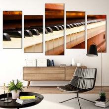 Load image into Gallery viewer, piano abstract canvas wall art orange acoustic piano multiple canvas black white piano close up 5 piece canvas print In Living Room
