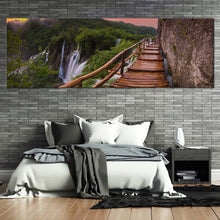 Load image into Gallery viewer, plitvice  lakes  canvas  wall  art  brown  wooden  bridge  scenery  waterfall  canvas  artwork  green  national  park  in  croatia  1  piece  canvas  print For Bedroom
