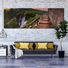 Load image into Gallery viewer, plitvice  lakes  canvas  wall  art  brown  wooden  bridge  scenery  waterfall  canvas  artwork  green  national  park  in  croatia  1  piece  canvas  print In Living Room
