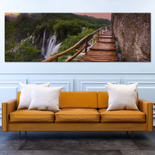 Load image into Gallery viewer, plitvice  lakes  canvas  wall  art  brown  wooden  bridge  scenery  waterfall  canvas  artwork  green  national  park  in  croatia  1  piece  canvas  print For Living Room
