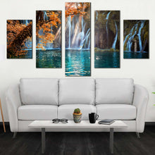 Load image into Gallery viewer, plitvice waterfalls canvas prints croatia blue waterfall multi canvas artwork green national park autumn waterfall 5 piece canvas wall art For Living Room
