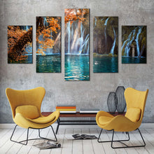 Load image into Gallery viewer, plitvice waterfalls canvas prints croatia blue waterfall multi canvas artwork green national park autumn waterfall 5 piece canvas wall art In Living Room
