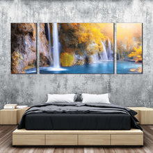 Load image into Gallery viewer, plitvice waterfalls canvas prints croatia blue waterfall multi canvas artwork yellow national park autumn waterfall 3 piece canvas wall art In Bedroom
